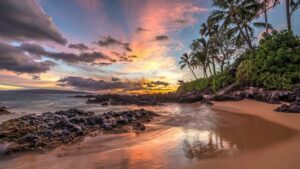 Wonderful sunset from secret cove on the tropical island of Maui, Hawaii